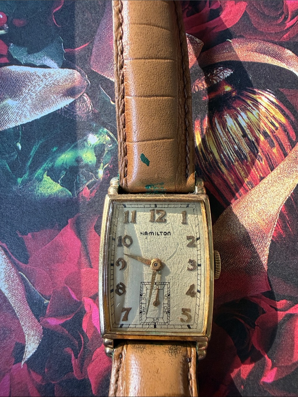 Hamilton Gold-Tone Rectangular Vintage Watch with Tan Leather Strap